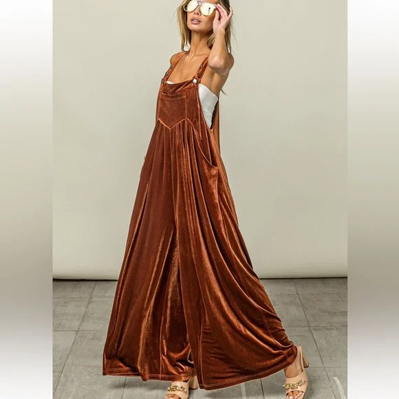 New Wide Leg Velvet Jumpsuit Overalls with Pockets - Picture 1 of 7